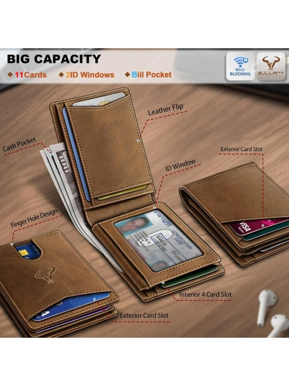 Slim Genuine Leather Pocket Wallet for Men - 11 Card Holder, Stylish Billfold